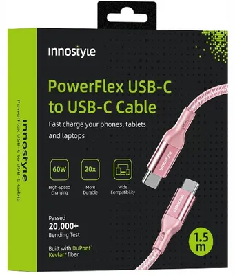 Image de Innostyle Powerflex Usb-C Fast Charging Cable For Iphone Samsung 3A 60W Polyamide 2M Pink