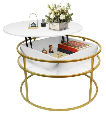 Produktbild von Couchtisch Wohnzimmer - Runder Couchtisch mit Lift-Top - Verstecktes Staufach - Kleiner Holztisch - Moderner Stil - Weiß