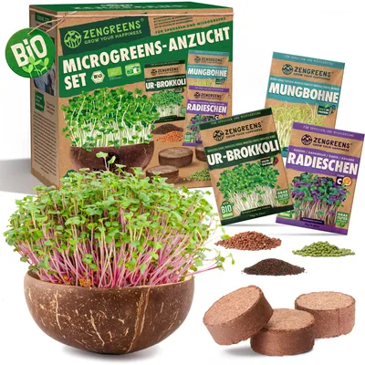 Produktbild von ZenGreens® Microgreens Anzuchtset Kokosschale mit 3 Kokospads & 3x Keimsaat, KI-generiertes Bild