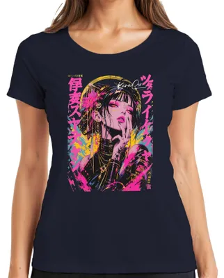 Productafbeelding van Anime meisje, Japanse manga, cyberpunk streetwear, roze, Japan, otaku, dames T-shirt, marineblauw, maat L