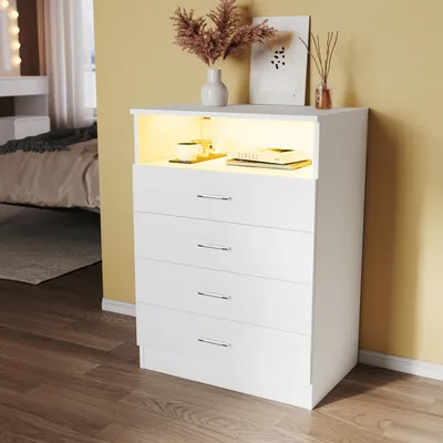 Obrázek produktu pro Volně stojící skříňka SONNI bílá vysoký lesk, se 4 zásuvkami a otevřenými příčkami, 60x40x83 cm, s nastavitelným LED osvětlením, vhodná do obývacího pokoje a ložnice