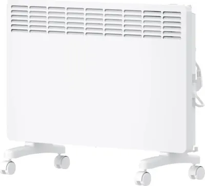 A white electric convection heater with wheels, shown from a side-diagonal angle against a white background.