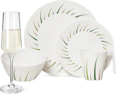 Produktbild von Melamin Camping Geschirr Set 4 Personen Limon Design 16 Teilig + Milano Gläser Champagner-Gläser Flûtes Tafelgeschirr Picknick BBQ Kochgeschirr