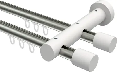Produktbild von Interdeco Innenlaufstange / Gardinenstange mit Innenlauf Edelstahl-Optik / Weiß, Typ Talent Feta (Kappe), 20 mm Ø 2-läufig, 260 cm