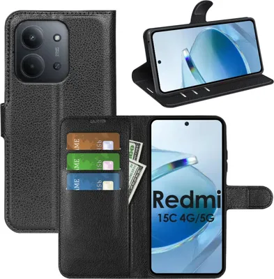 A collage of images showing a black flip case for a Xiaomi Redmi 15C phone, with a view of the phone inside, credit cards, and cash.