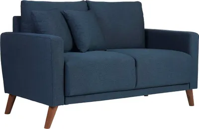Produktbild von Miliboo - Zweier-Sofa in dunkelblauem Stoff und dunklem Holz MUNIK