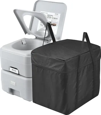 A portable toilet and its carrying bag are displayed against a white background.