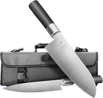 Two knives and a knife roll are displayed against a white background.