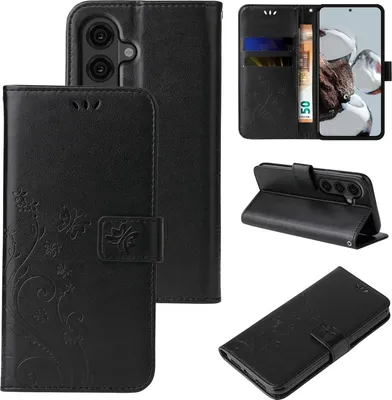 Produktbild von Handyhülle für Samsung Galaxy S26 Floral Blumen Schmetterling Flip Cover Hülle Case Klapphülle Handytasche Farbe: Schwarz