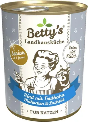 Produktbild von Bettys Landhausküche Katze Dose Senior Rind mit Truthahn, Möhrchen & Lachsöl 400g