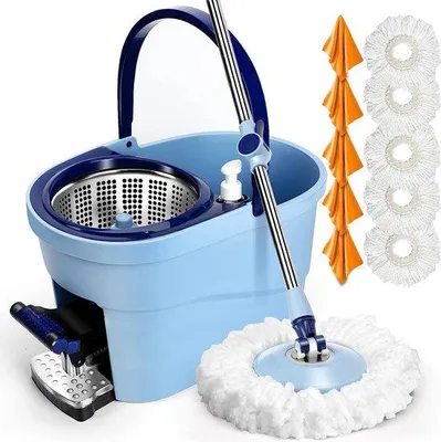 Produktbild von Unyqoos® Wischmopp-Set mit Eimer & Fußpedal, Teleskopstiel 115–145 cm, 2‑in‑1 Wasch‑ und Auswringfunktion, 5 Mikrofaserköpfe + 5 Reinigungstücher