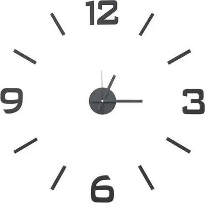 A close-up of a modern wall clock with black numbers and hands on a white background.