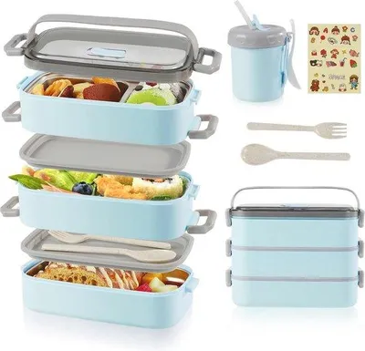 Produktbild von Famanu Bento Box 3-lagig mit Soßenschale und Besteck - Kapazität 2400 ml, auslaufsichere Lunchbox für Erwachsene und Kinder