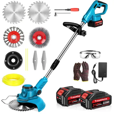 Produktbild von Akku Rasentrimmer mit 2× 4000mAh Akkus 21V, 750W Bürstenloser Motor Rasentrimmer mit Unkrautbürste, Freischneider mit Messer und Ladegerät