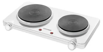 A white electric stove with two burners.