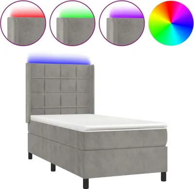 Imagen del producto de Cama con somier y colchón, color gris claro, 100x200 cm, con iluminación LED, tapizada en terciopelo
