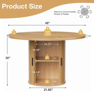 Image de Table de salle à manger ronde - Table de cuisine avec rangement - 122 cm, en bois, étagère à deux niveaux, porte coulissante, pour 6 personnes - couleur naturelle