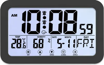 Produktbild von Beruehrbare, leuchtende Uhr, 12/24 Stunden Schlummerfunktion/Uhrzeit/Datum/Temperatur/Luftfeuchtigkeit/Zwei Alarmeinstellungen/Wochentag (8 Sprachen zur Auswahl), fuer Wohnzimmer/Buero/Arbeitszimmer/Schlafzimmer