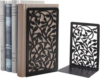 Produktbild von Paar schwarze Buchstützen aus Metall in Efeuform zur sicheren Aufbewahrung von Büchern und CDs in Büros, Wohnungen und Schulen