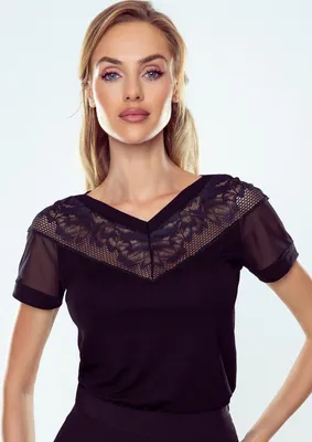 Produktbild von Gusta - Bluse mit V-Ausschnitt von Eldar - schwarz mit Tiule und Spitze