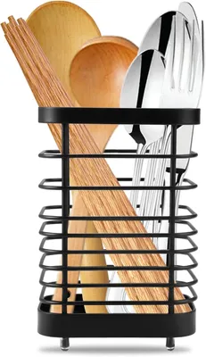 Obrázek produktu pro Koš na příbory do kuchyně - Držák na kuchyňské náčiní - Organizace kuchyně - Nerezová ocel - 15 x 7 x 7 cm - Černá barva
