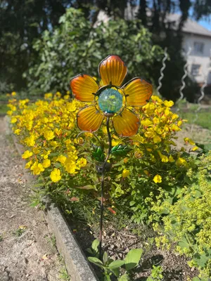 Produktbild von Solar Gartenstecker Blume gelb, echte Glasblätter, Solarleuchte, Solarlampe, Gartendeko, Gartenstecker.