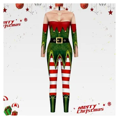 Produktbild von Damen Jumpsuit mit Weihnachtsstreifen und Digitaldruck, langärmlig, hoher Kragen, einteiliges Kostüm für Karneval und Cosplay