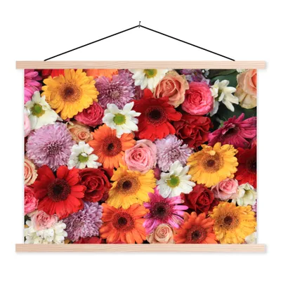 Produktbild von MuchoWow® Textilposter Blumen - Farben - Gerbera - Rosen 40x30 cm mit holzfarbenen Rahmen - Bilder