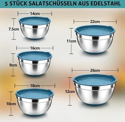 Image de Lot de 5 bols en acier inoxydable, bleu, antidérapants, 4,5-0,7 l