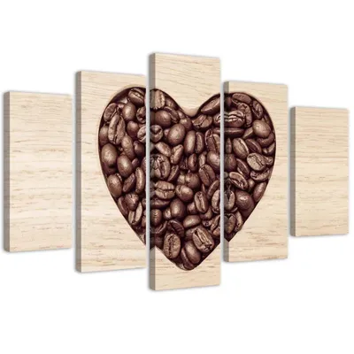 Produktbild von 5-teiliges leinwandbild herz aus kaffeebohnen 150x100 cm Feeby braun wandbild bereit zum aufhängen