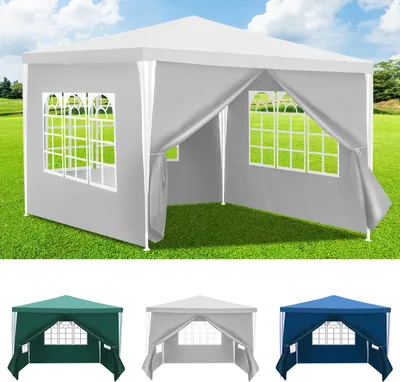 Produktbild von Hengda Pavillon 3x3m, Festzelt Gartenzelt Wasserdicht, UV-Schutz, mit 3 Seitenteilen und 1 Eingängen, für Garten Terrasse Feier Party, weiß