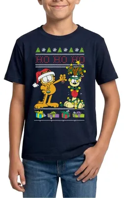 Produktbild von Spreadshirt Garfield Und Odie Hohoho Ugly Christmas Weihnachten Teenager T-Shirt, 152/164 (12-14 Jahre), Navy