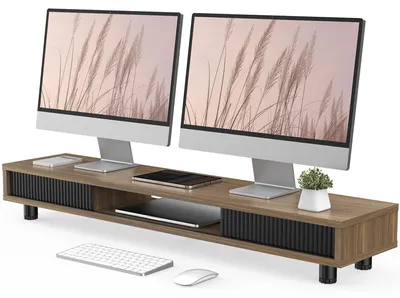 Zdjęcie produktu dla Podstawka pod monitor dwupoziomowa - Z szklanymi drzwiczkami - 108 x 23,5 cm - Regulowana wysokość - Brązowa - Do monitora, laptopa lub telewizora