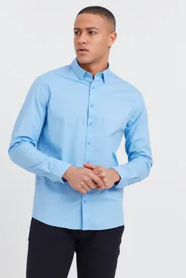 Image de Chemise à manches longues unie, coupe ajustée, chemise décontractée basique en coton |