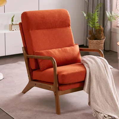 Image de Fauteuil de salon, fauteuil avec accoudoirs, dossier haut, avec coussin lombaire, rouge orangé