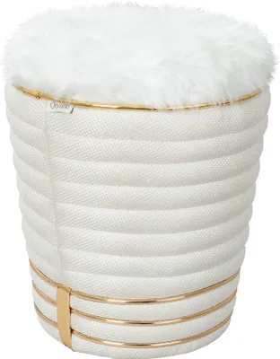 Produktbild von QIYANO Sitzhocker Pouf grober Strukturstoff mit Ziernähten und Fellimitat in Creme Beige Gold, Höhe ca. 50 cm