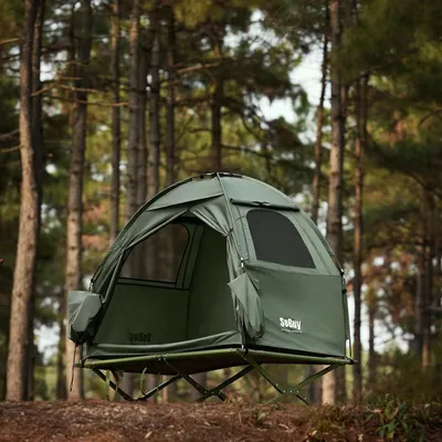 Produktbild von SoBuy OGS32-II-GR Feldbett mit Zelt 1 Personen 4in1 Zelt auf Stelzen mit Rolltasche Wasserdichtes Campingbett ohne Matratze Angelzelt Grün bis 180kg