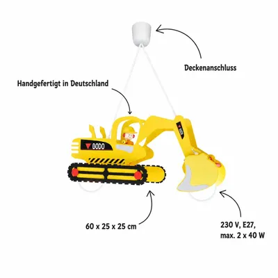 Produktbild von Elobra Kinderzimmer-Pendelleuchte Bagger mit Bodo – Hochwertige Kinderlampe aus Holz, 2x E27 Hängelampe Gelb,  Germany, Modell 128428