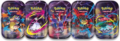 A collection of five Pokemon trading card game mini tins, each featuring different Pokemon characters and colorful, abstract designs.