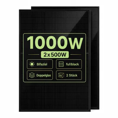 Produktbild von GreenSun Solar Solarmodul 2x 500W Bifazial Glas-Glas N-Type Full Black – 1000W PV Solarpanel Set für Balkonkraftwerk, Doppelglas, MC4, hohe Effizienz