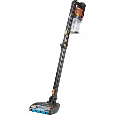 A black cordless vacuum cleaner with orange accents is shown against a white background.