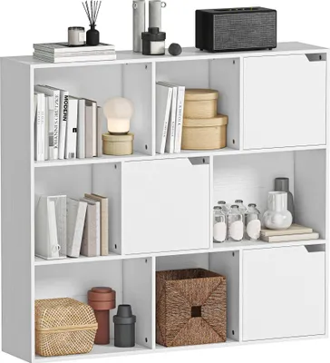 Image de HOMCOM Bibliothèque étagère de rangement 9 cubes avec 3 portes et 6 compartiments ouverts, style moderne, meuble de rangement pour salon, bureau, chambre à coucher, 106 x 24 x 95 cm, blanc