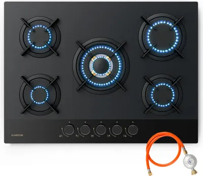 Image de Klarstein Goldflame Nano Plaque de Cuisson Gaz, 5 Brûleurs Laiton, 10.4kW, 70cm, Revêtement Nano, Allumage Automatique, Sécurité Flamme, Kit Conversion GN/GPL, Plaque Gaz Cuisine