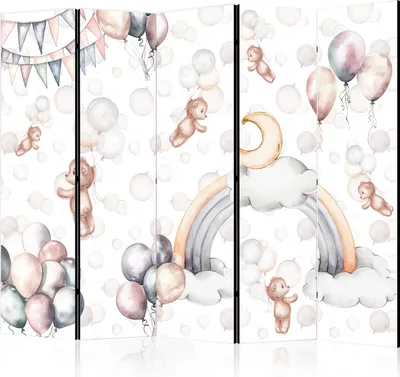 Produktbild von 5-teiliger Einseitiger Vlies Paravent - Plush Bears with Balloons - Flying Light-Brown Bears Among Balloons - Clouds - and Rainbows in Subdued - Pastel Hues 225x172 cm Für Kinder e-C-10071-z-b