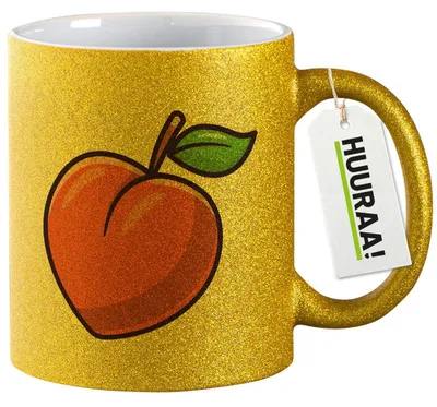 Produktbild von Huuraa Glitzertasse Pfirsich Comic 330ml Gold Keramik Kaffeebecher Geschenkidee
