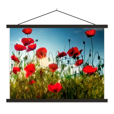 Produktbild von MuchoWow® Textilposter Mohnblumen - Toskana - Sonne - Rot - Blau 150x113 cm mit holzfarbenen Rahmen - Poster