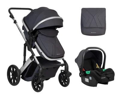 A studio shot of a 3-in-1 baby travel system including a stroller, a car seat, and a diaper bag.