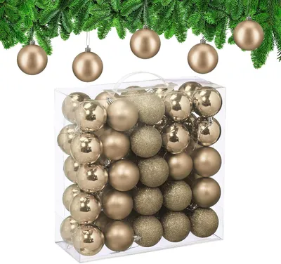 Obrázek produktu pro Sada 50 vánočních ozdob – plastové – lesklé a matné – průměr 6 cm – nerozbitné – barva: šampaňské