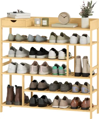 Produktbild von Schuhregal aus Bambus mit Schublade, 6 Ebenen, für 18 Paar