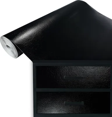 Produktbild von Klebefolie Möbel 45x100 cm - Leder Schwarz - Möbelfolie selbstklebend im Deko-Stil - Folie für Möbel zur einfachen Renovierung von Türen, Tischen und Regalen - Klebefolie dekorativ und abwaschbar